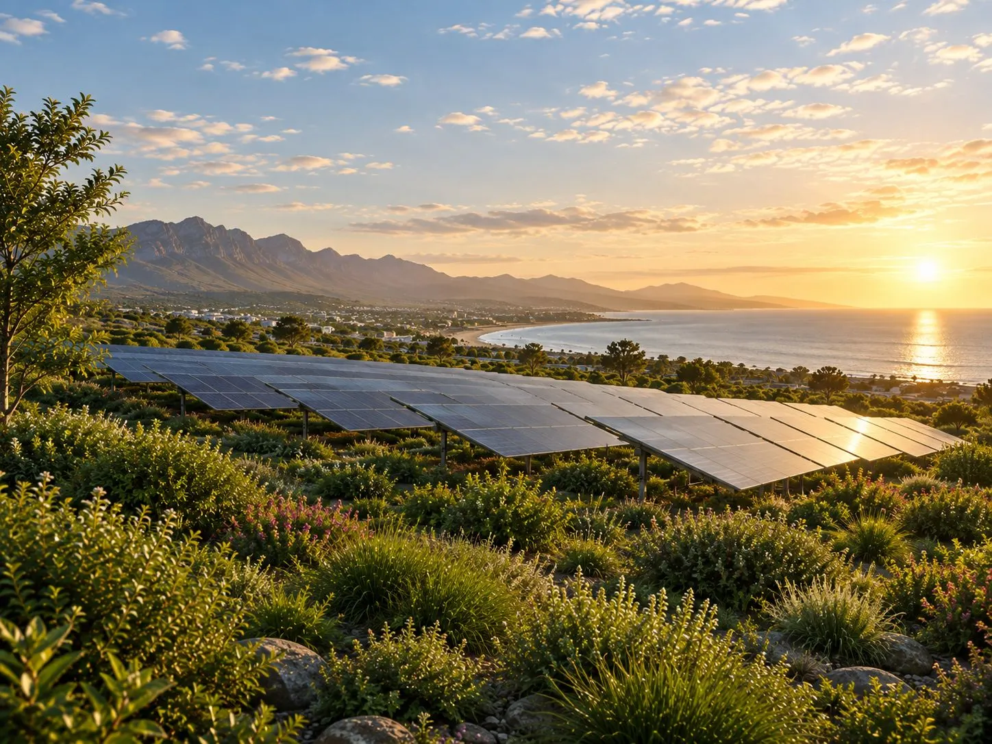 Rows of solar panels set among low planting on a slope above a curving bay at sunset, with mountains along the coast behind.