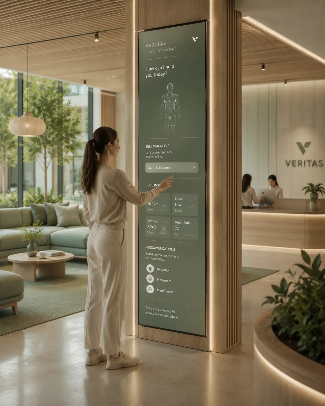 A woman touches a full-height Veritas AI Health Assistant kiosk in a timber-lined reception. The screen offers a self assessment alongside her sleep, stress, activity and heart-rate readings, with hydration, movement and mindfulness suggestions, and a note that it is not a substitute for professional medical advice. A staffed reception desk under the Veritas mark sits beyond.