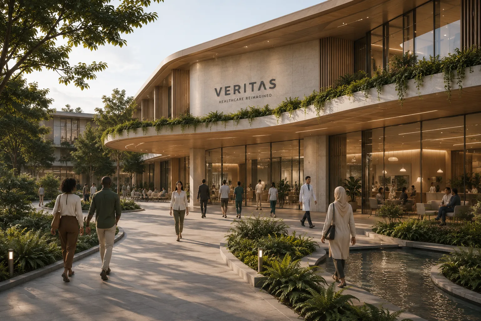 The Veritas Healthcare Complex entrance at golden hour — a curved stone and timber building carrying the Veritas wordmark and the line Healthcare Reimagined, its upper terrace planted with trailing greenery. People cross a paved forecourt past planted beds and a still water channel toward the glazed, warmly lit reception.